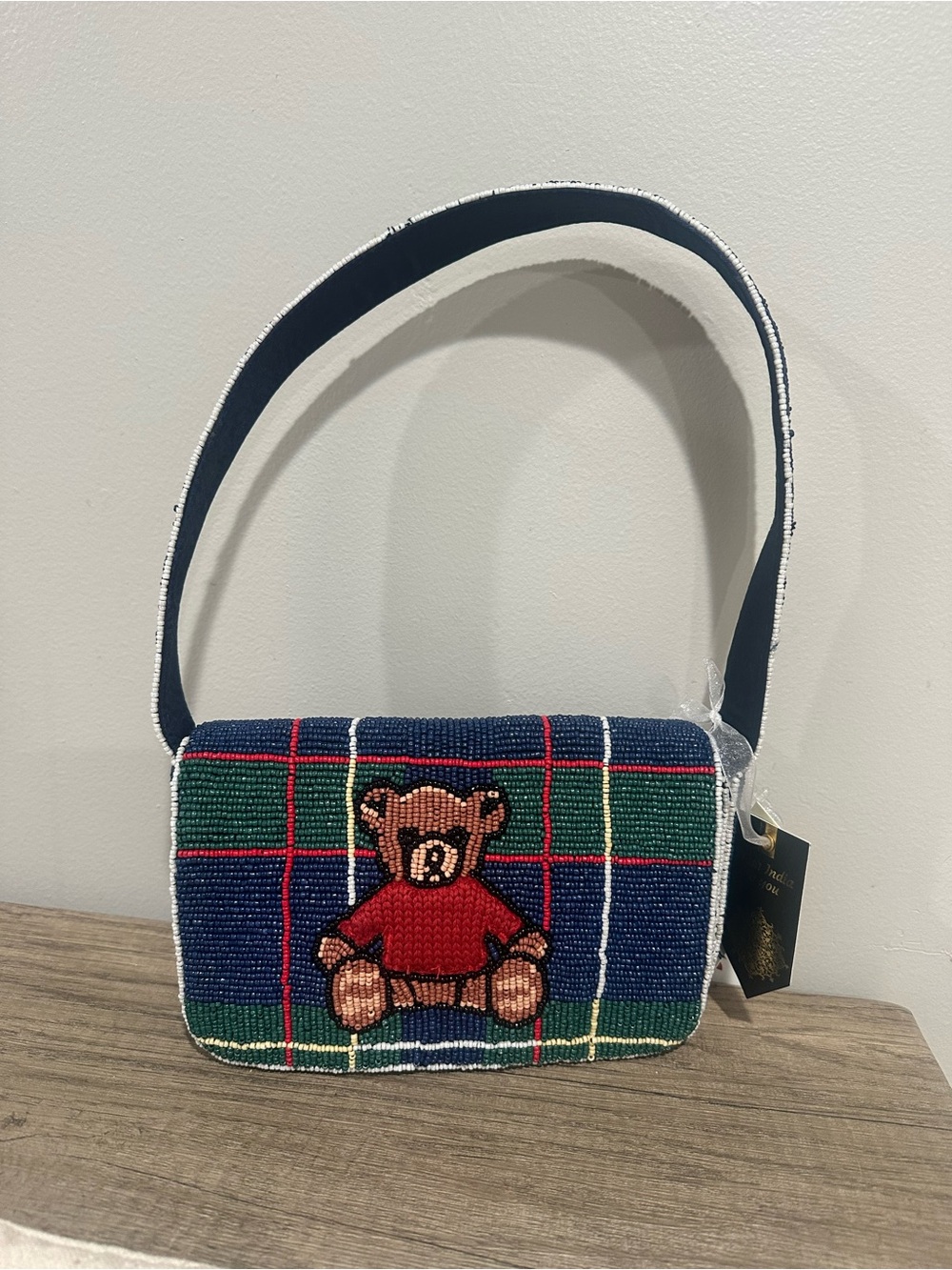 New! Beautiful Meade in India Beaded Teddy Bear Plaid Shoulder Bag